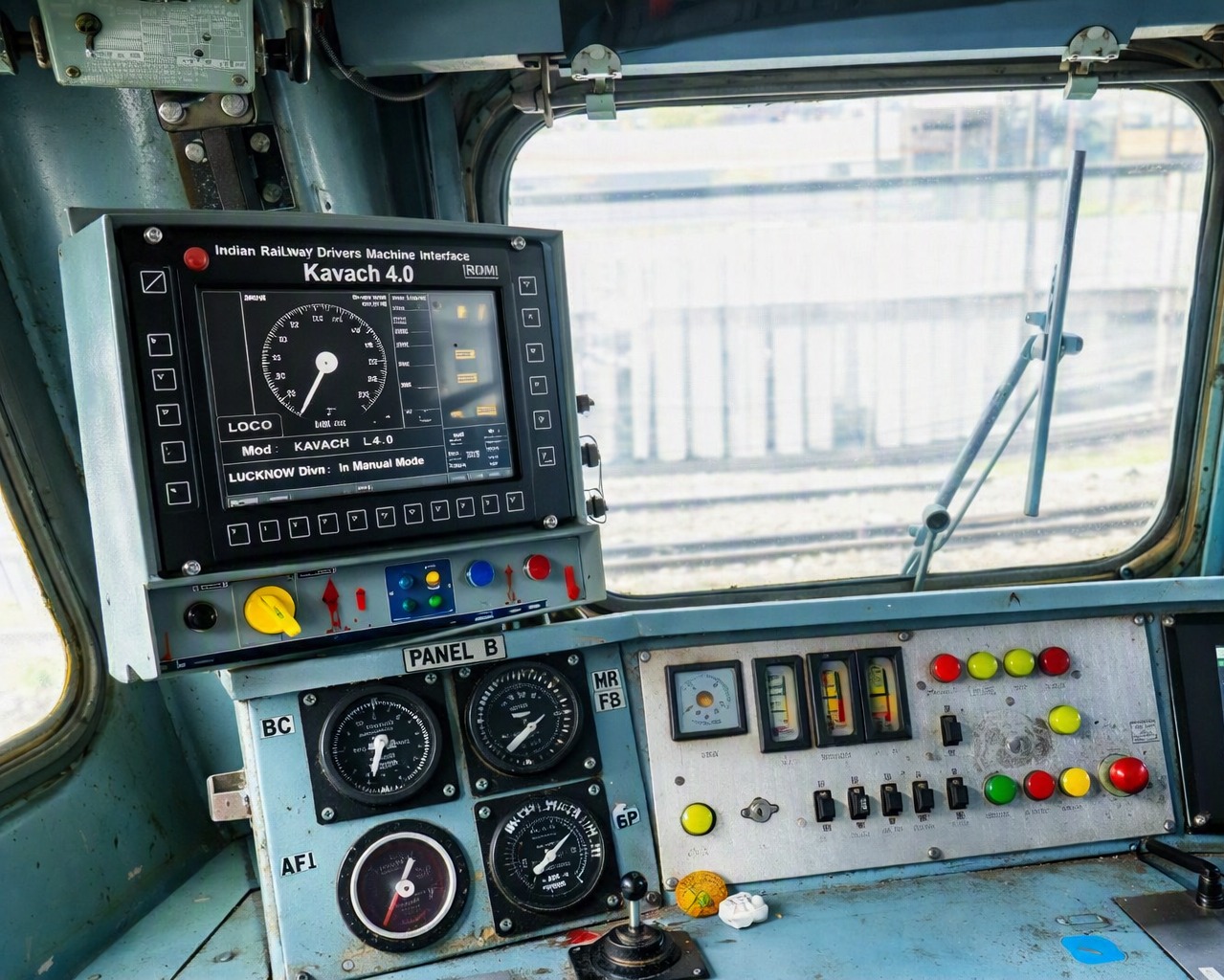 Indian Railways locomotive cabin equipped with Kavach 4.0 safety system