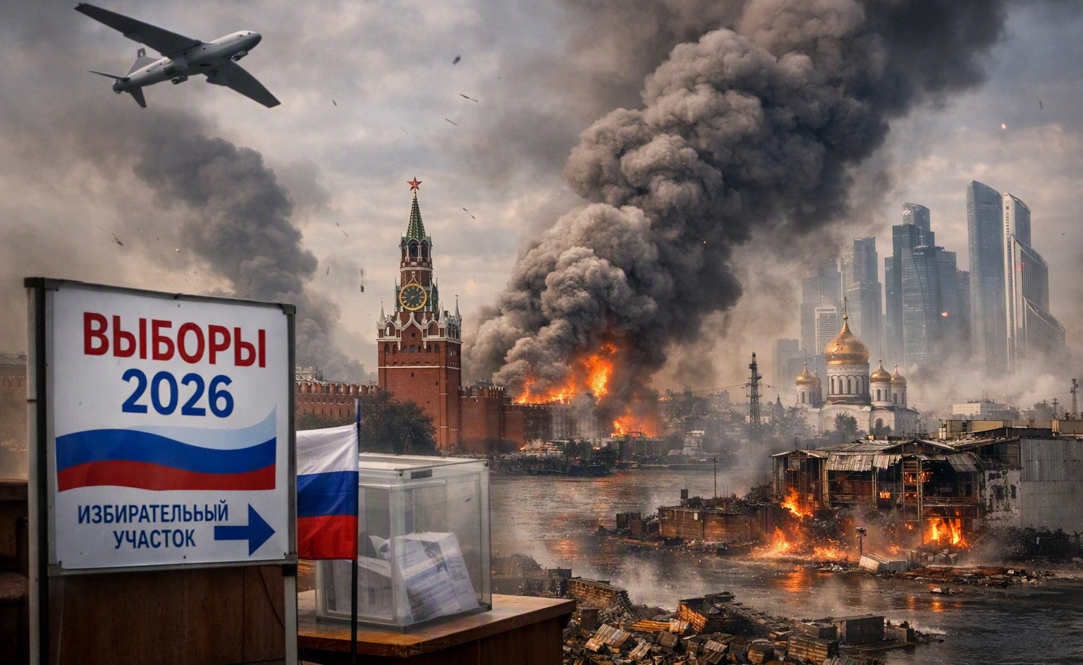 Drone strike smoke rising over Moscow skyline during Russian parliamentary elections