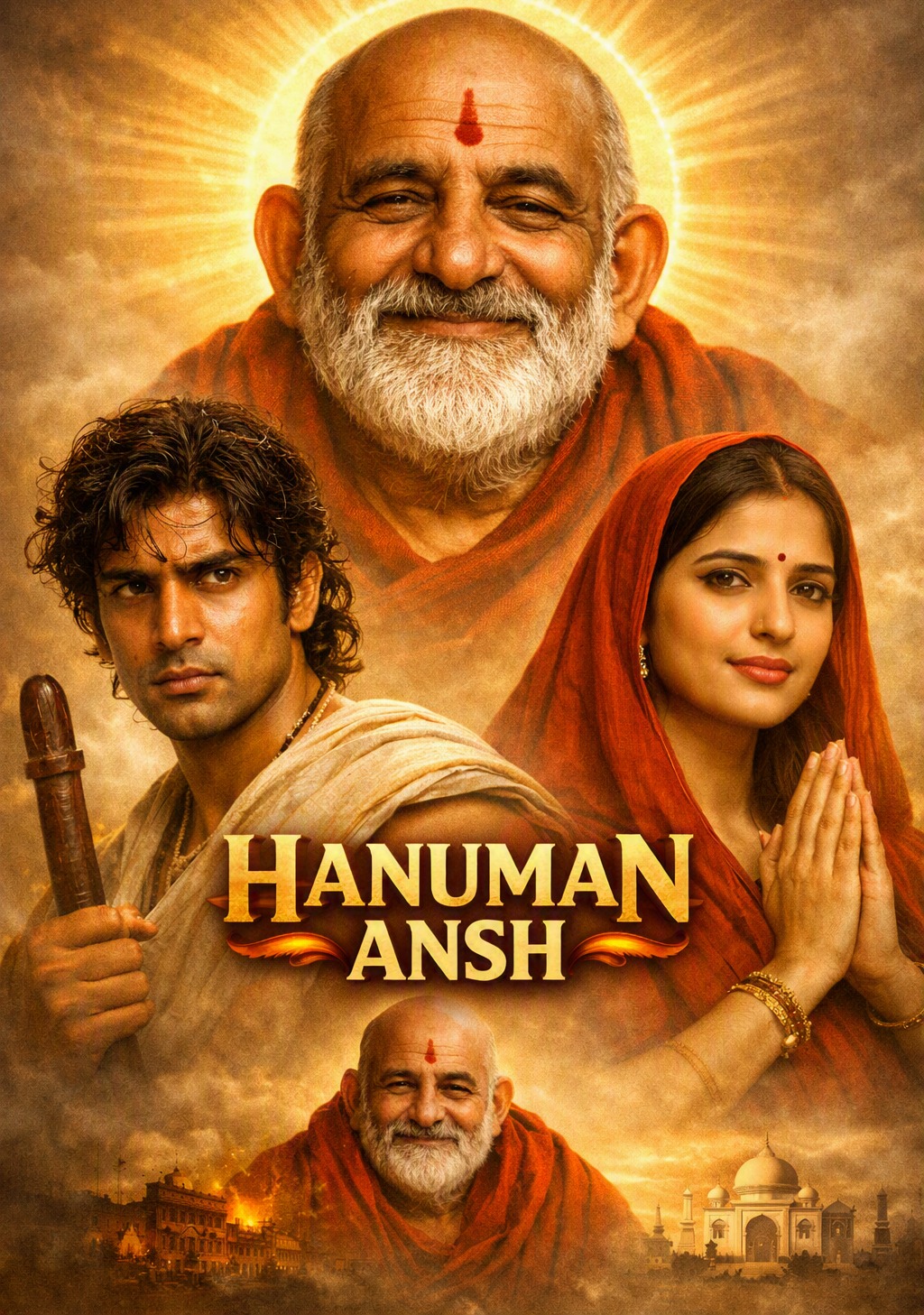 Hanuman Ansh movie poster featuring Neem Karoli Baba and lead actors Shobhinaw Satyaa and Chandan Anand