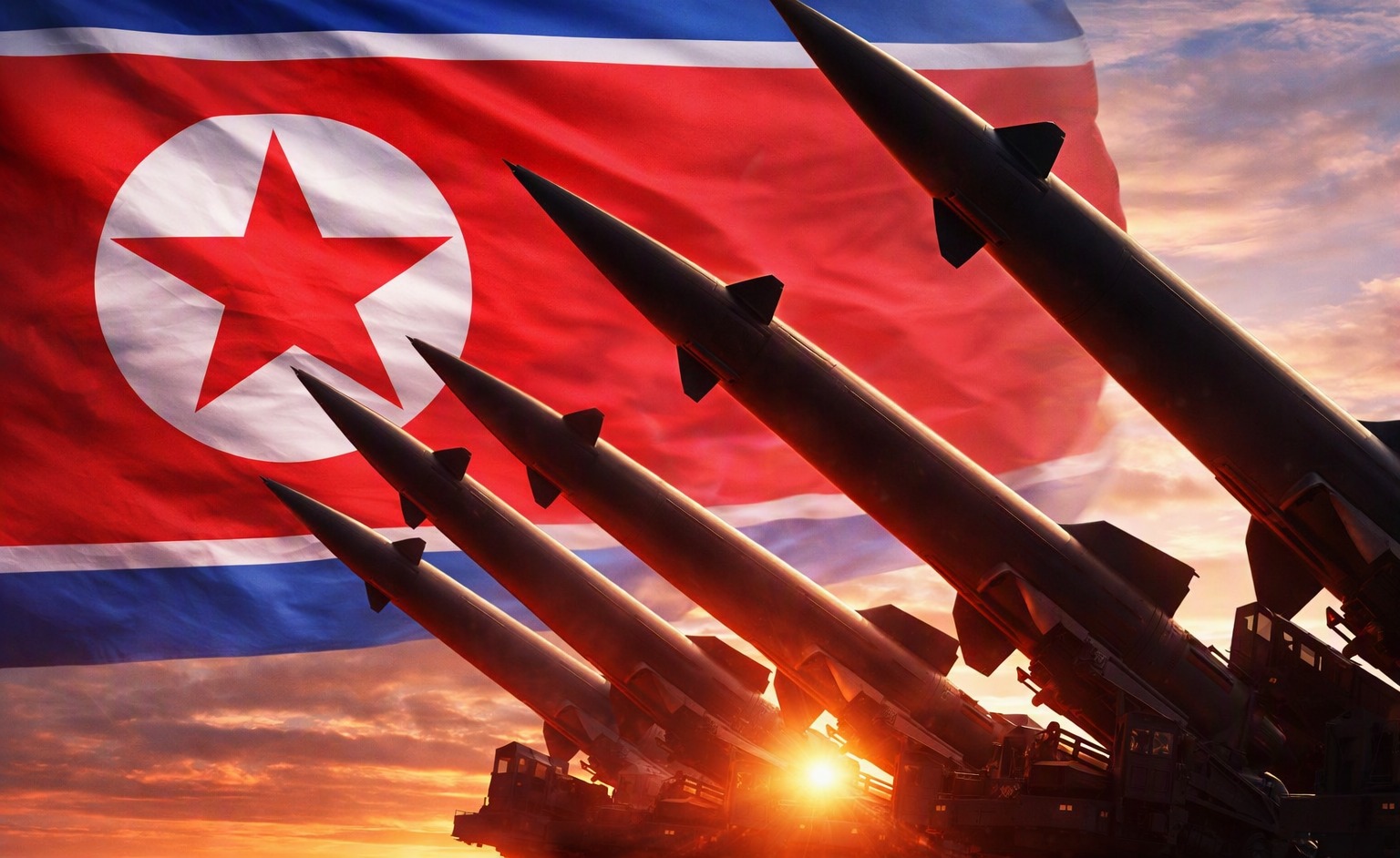 North  Korean missile launch over the East Sea with smoke trail and coastal landscape