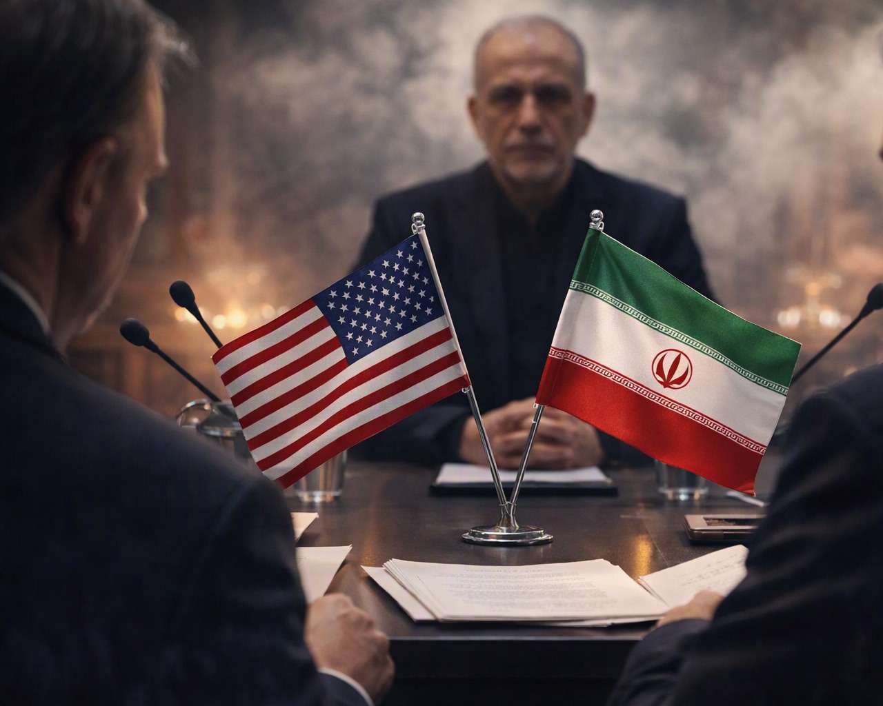 Symbolic diplomatic scene between Iran and the United States during peace talks
