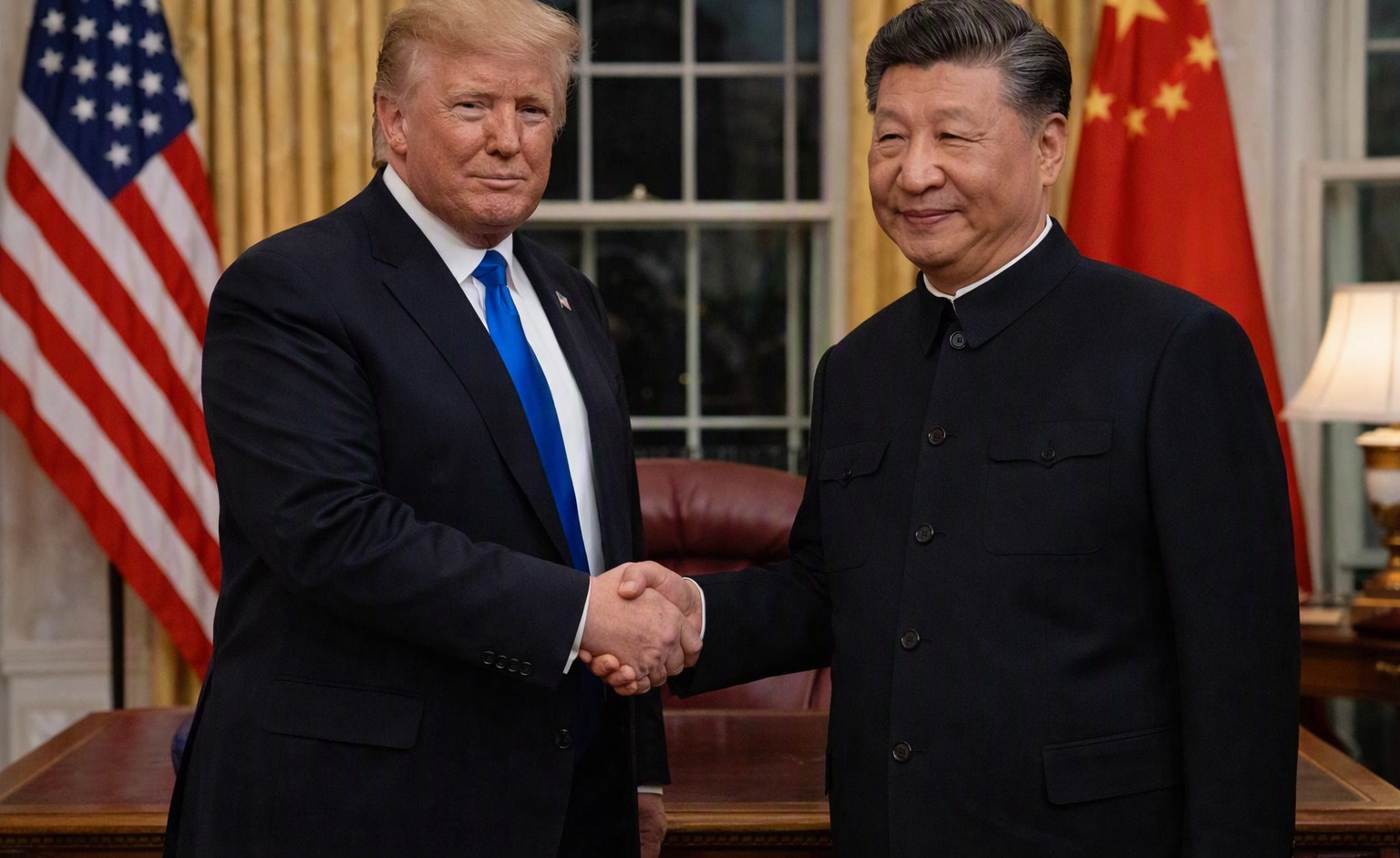 Donald Trump and Xi Jinping shaking hands in the Oval Office with US and Chinese flags in background