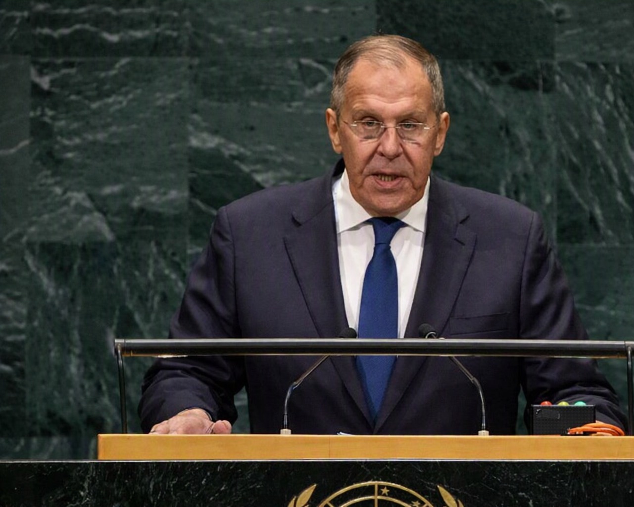 Sergey Lavrov delivering speech at UN General Assembly podium