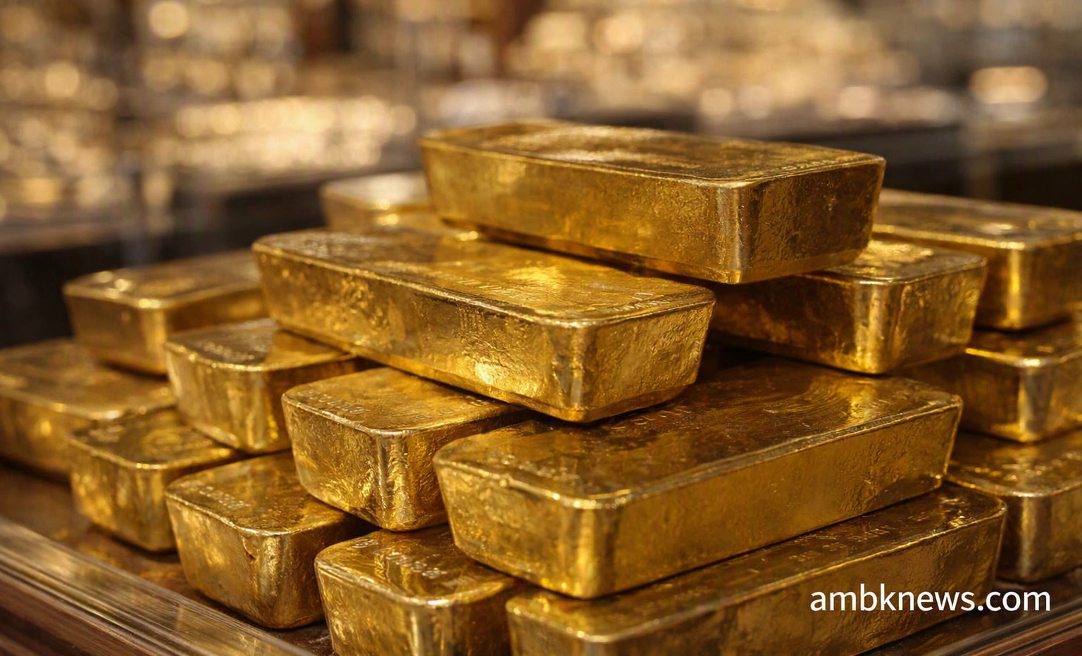 Gold bars and coins displayed in a jewelry store in Delhi
