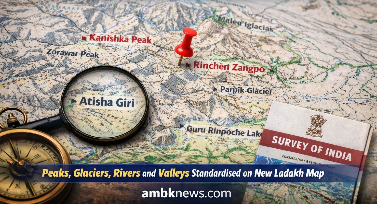 Survey of India map highlighting Ladakh peaks, glaciers, rivers and valleys