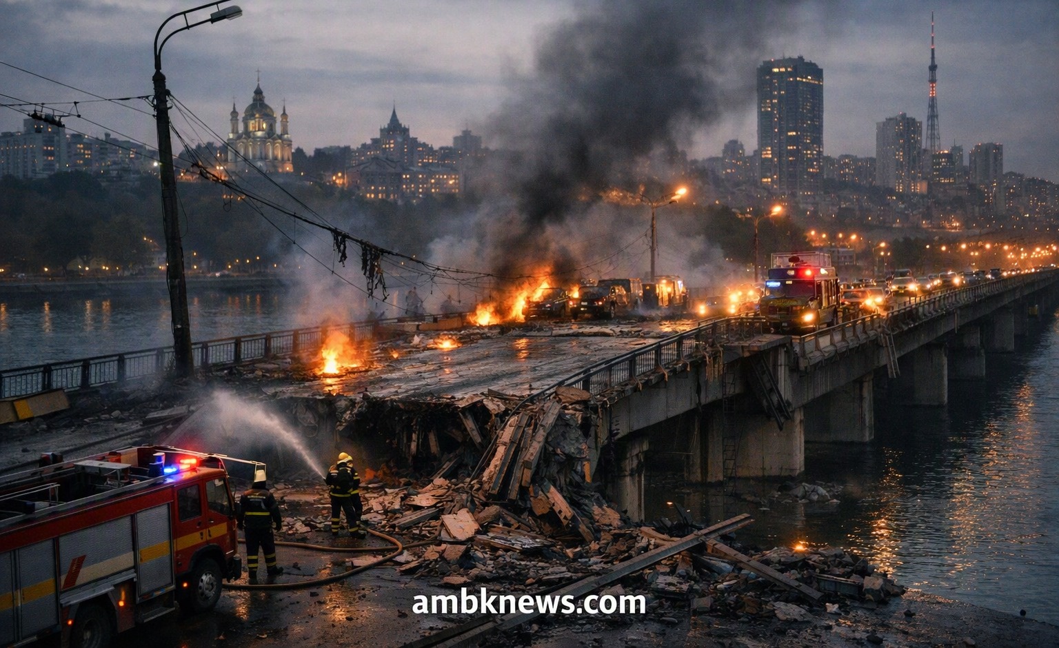 Damaged bridge across the Dnipro river in Kyiv after Russian airstrike