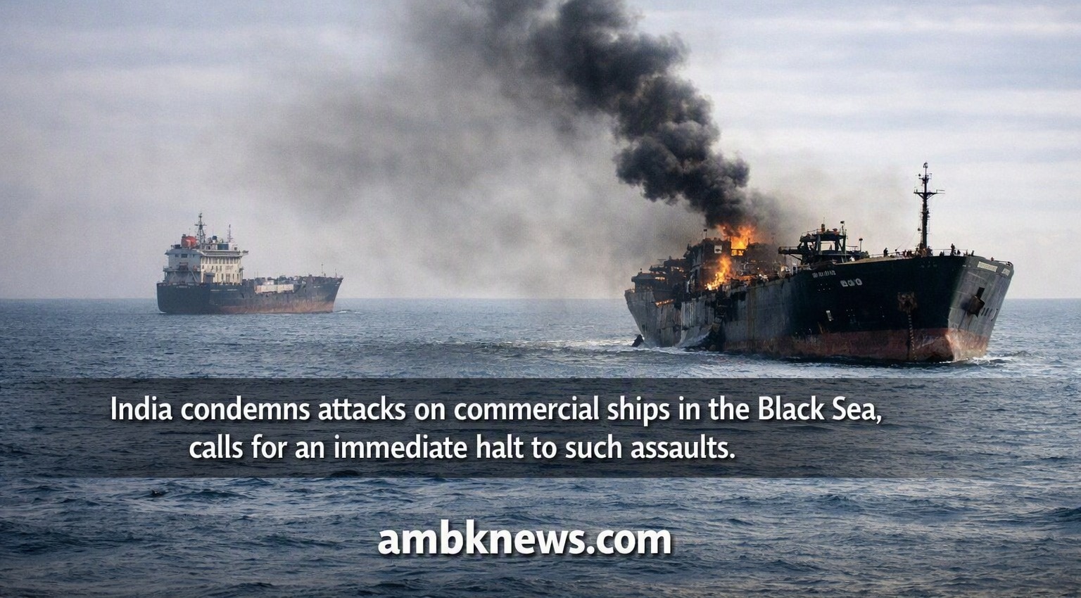Damaged commercial ship in the Black Sea with smoke rising after attack, condemned by India’s Ministry of External Affairs