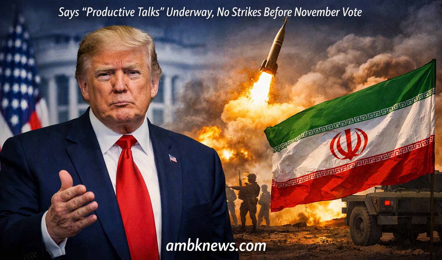 Donald Trump speaking with backdrop of US and Iran tensions