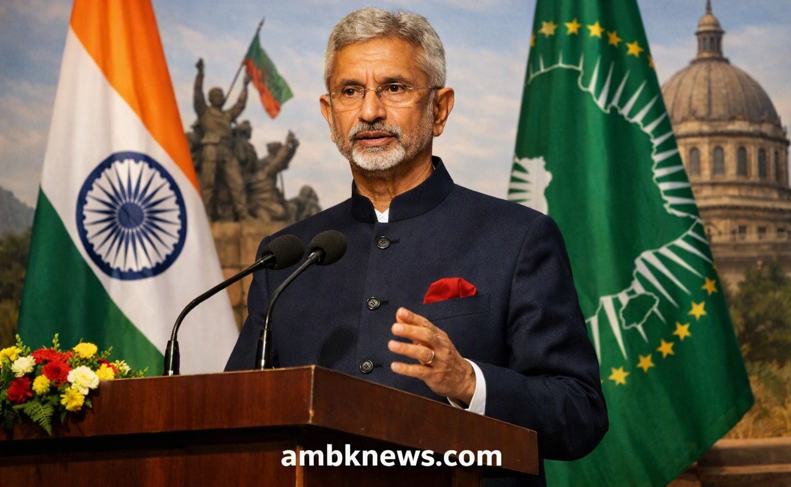 EAM S. Jaishankar speaking at Adwa Memorial Museum in Addis Ababa with Indian and African flags
