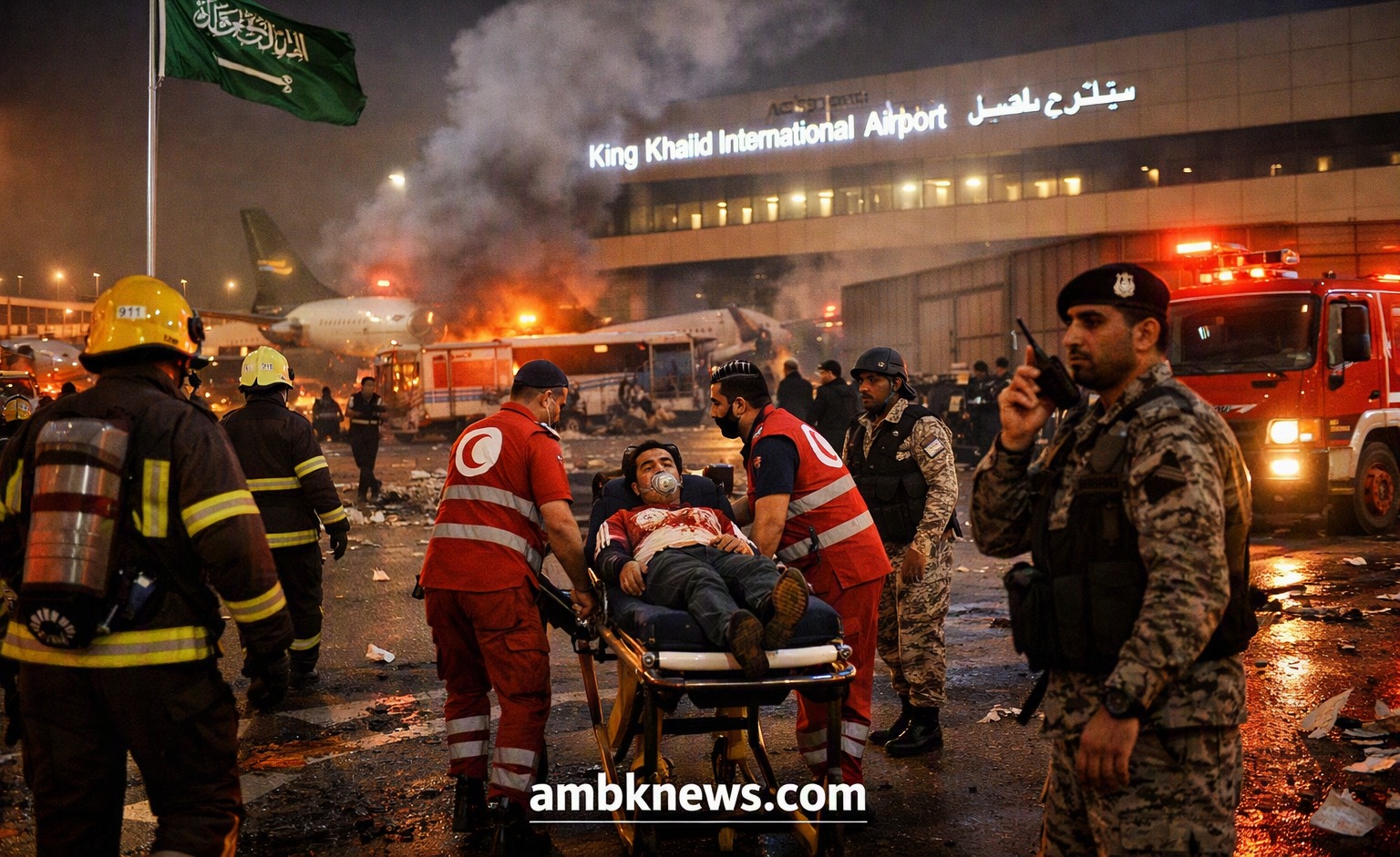 Riyadh airport emergency response scene with Saudi flag