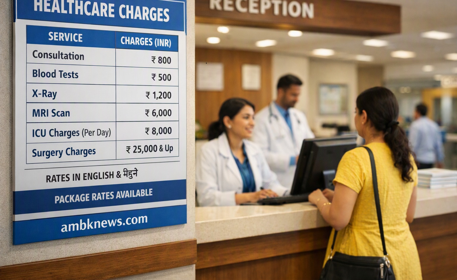 Hospital reception desk with healthcare charges board