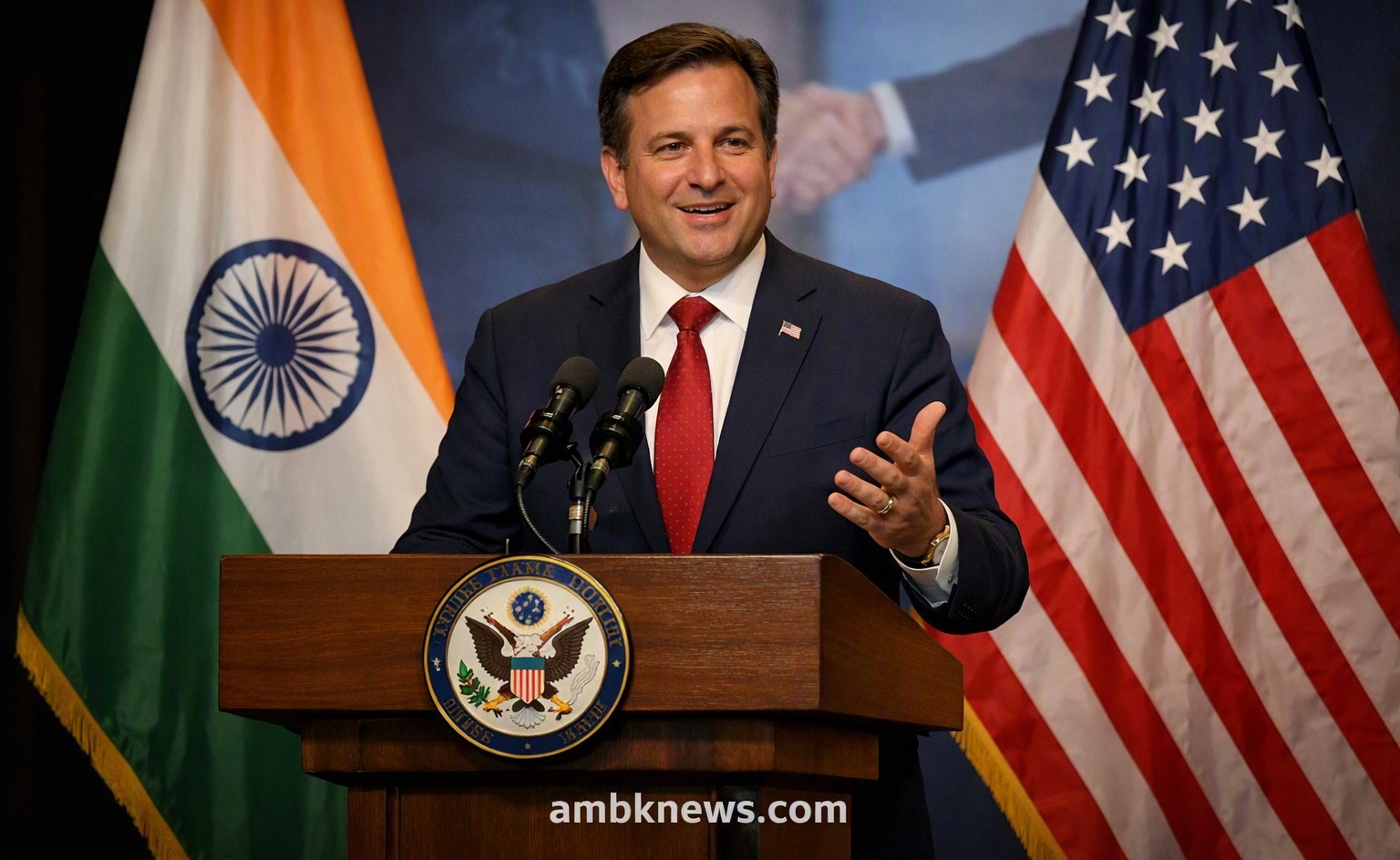 US Ambassador Sergio Gor speaking at a podium with Indian and US flags.