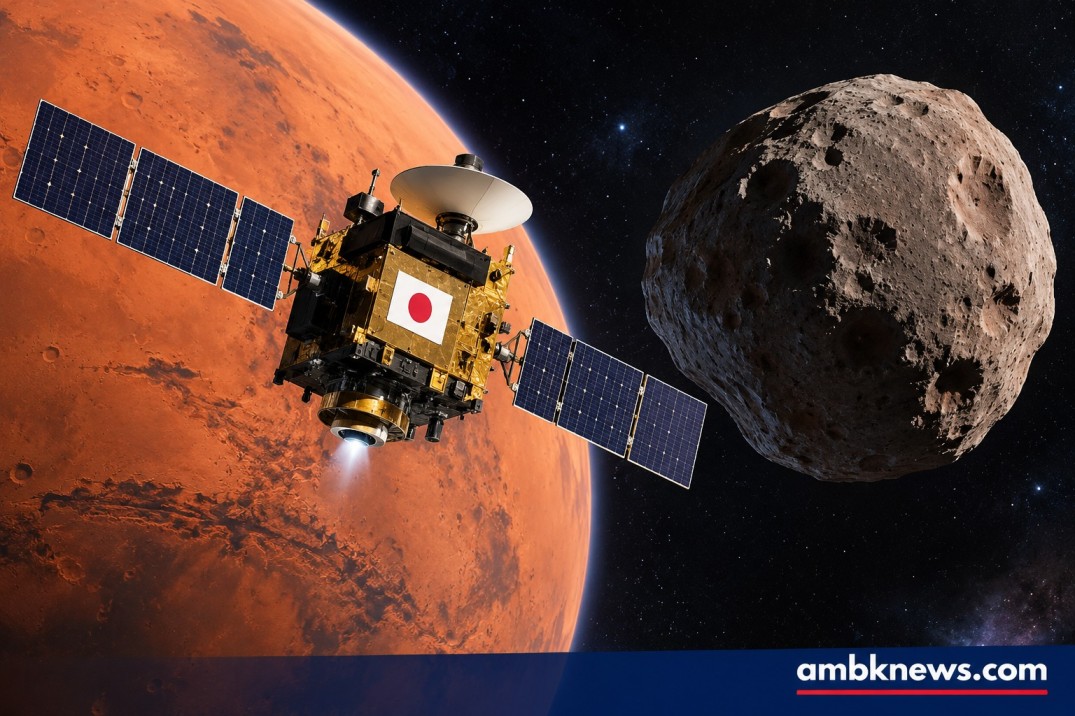 Japan's MMX spacecraft exploring Phobos, a moon of Mars, during a sample-return mission